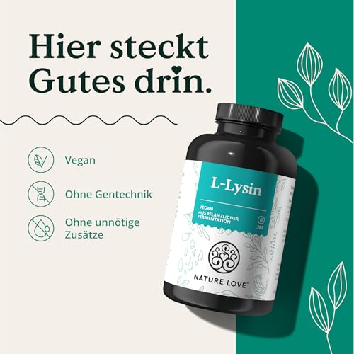 NATURE LOVE® L-Lysin - 365 vegane Kapseln - 1000mg L-Lysin HCL pro Tagesdosis - Lysin aus pflanzlicher Fermentation - 6 Monate Reichweite - Laborgeprüft, ohne Zusätze und in Deutschland produziert