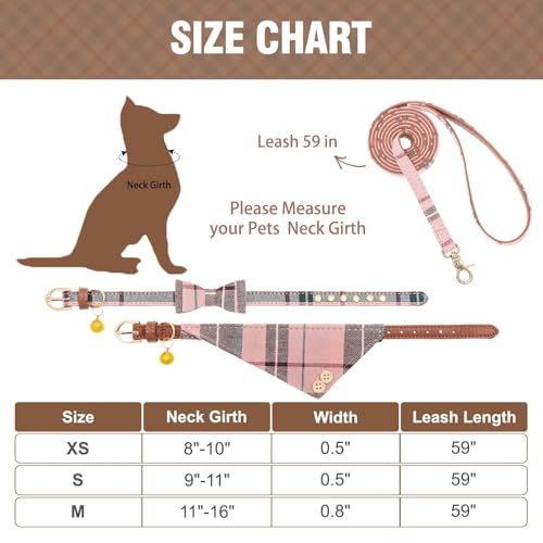 Hundehalsband und Leine mit Fliege, Set für kleine Hunde – Welpenleine Halsbänder klassisch rosa kariert – verstellbare Größe mit Goldener Glocke – perfekt für kleine Rassen und Mädchen
