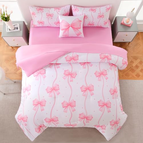 Image of DORCAS Bow Twin Comforter Set for Girls,6 Pieces Bed in A Bag Pink Bow Bedding Sets with Sheets for Kids