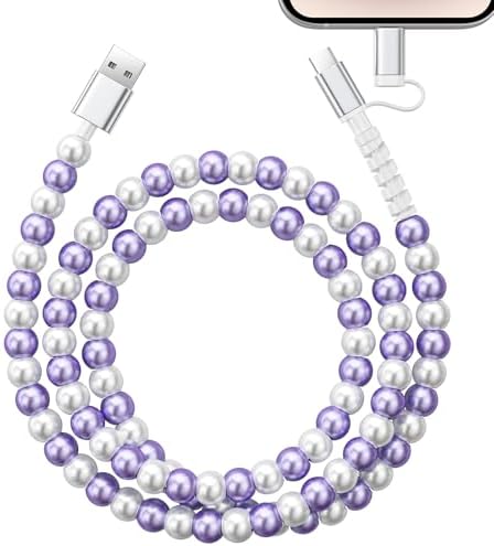 VOFUOE USB C Cable for iPhone 17 Charging Cord 2 in 1 Multi Charging Cable [MFI Certified] Fast Charging USB A Elegant Pearl Beads Cable Girls Women 3.3FT for iPhone 16/15, for Galaxy S25-White Purple