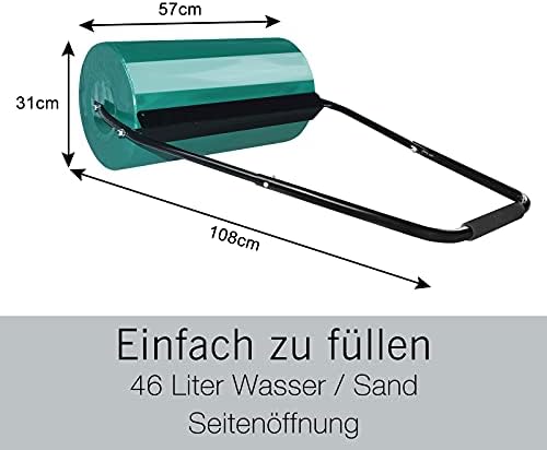 LZQ Lawn Roller 57cm 46L Heavy Duty Galvanised Steel Manual Push Rolling Drum, Hand Garden Roller, Water or Sand Filled (Green)