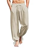 COOFANDY Men's Cotton Linen Harem Pants Drawstring Casual Cropped Trouserss Lightweight Loose Beach Yoga Pants with Pockets Khaki