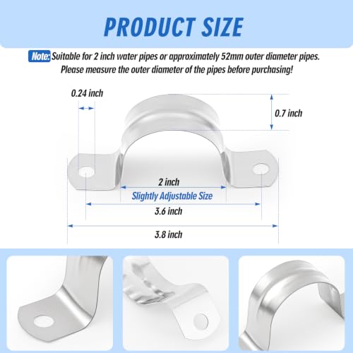 Image of Yaocom 100 Pcs 2 Inch Opening Pipe Strap 304 Stainless Steel Conduit Clamp Reinforced Rigid 2 Hole U Bracket for Pipe Fixing on Various Surfaces
