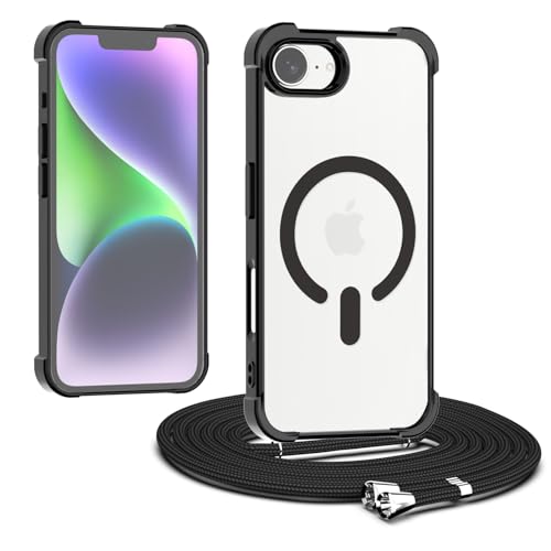 Coque iPhone 16e transparente avec cordon amovible et aimant MagSafe intégré noir