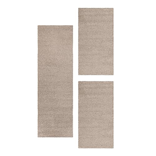 HomebyHome Bettumrandung Schlafzimmer 3 teilig Teppich Beige - Waschbarer Bettumrandung Teppich Läufer Set Extra Flauschig Bettvorleger Schlafzimmer Bettset:2 St. 80x150 cm | 1 St. 80x250 cm