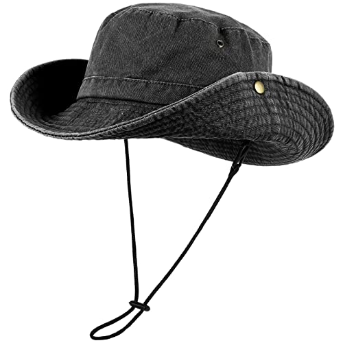 Wide Brim Bucket Sun Hat Packable Cotton Washed Upf 50 Beach Hat For Women Men With Strings Cowboy Outdoor Safari Boonie Cap Black #TOP1
