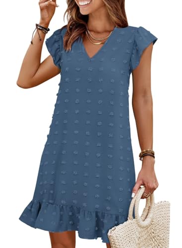 Image of QACOHU Spring Summer Dresses for Women 2026 V Neck Cap Sleeve Ruffle Hem Smock Short Casual Beach Dress