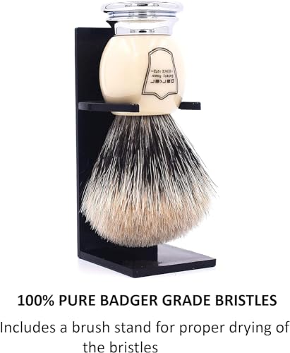 Parker Premium 3 Band Pure Badger Shaving Brush with Stand Included - White