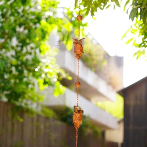 Cadena de lluvia de metal con búhos de 230 cm para canalón y drenaje de jardín 3