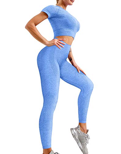 Hyz Women's Seamless 2 Piece Outfits Gym Crop Top Sets High Waist Bodycon Stretch Sport Legging Blue #TOP1