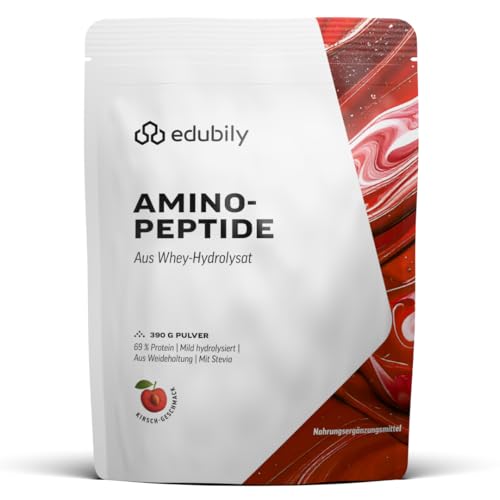 edubily® Aminopeptide aus Whey Hydrolysat von Optipep® – Aus irischer Weidehaltung – Kurzkettige Peptide – Mit Stevia gesüßt – Made in Germany (390 g, Kirsche)