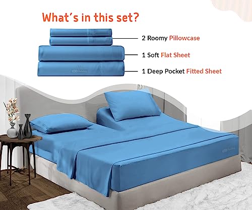 Sgi Top Split Flex Sheet Set For Adjustable Bed 32" Split Head King 600 Thread Count Soft & Smooth Egyptian Cotton 4 Piece Set 18 Inch Deep Pocket Mediterranean Blue #TOP1