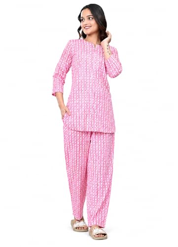 Image of Amazon Brand - Tavasya Women Cotton- Rayon Printed Kurti with Pant Co-Ord Set | Soft Comfortable Straight Fit Ethnic Kurta Set | 3 /4 Sleeves V-Neck Daily, Office & Casual Wear