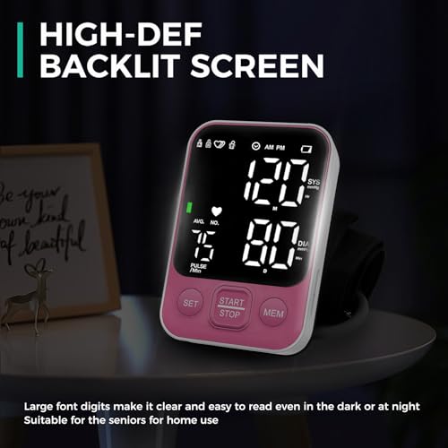 Blood Pressure Monitor Upper Arm Monitors for Home Use BP Machine with 2x120 Reading Memory Adjustable Arm Cuff 8.7\"-15.7\" Large Display with LED Background Light Storage Bag Pink