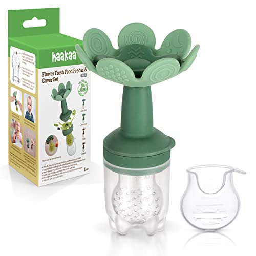 Image of Haakaa Flower Baby Fresh Fruit Food Feeder |Breastmilk Popsicle Mold for Baby Cooling Relief| Silicone Baby Feeder with Pouch Cover for Milk Freezing, BPA Free (Pea Green)