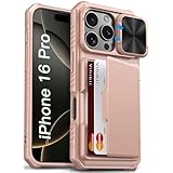 Vihibii iPhone 16 Pro ケース ウォレット カードホルダー (カード4枚) [RFIDブロッキング] & スライドカメラカバー、ミリタリーグレードの落下保護、頑丈な背面とシリコンエッジのスマホケース 6.3インチ 2024、ローズゴールド