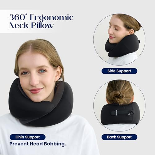 Image of Dream Valley Neck Travel Pillow, Memory Foam Travel Pillow for Airplane, Portable Roll-Up Neck Pillow with Cooling Inner Fabric, 360 Ergonomic Support, No Head Bobbing, Black