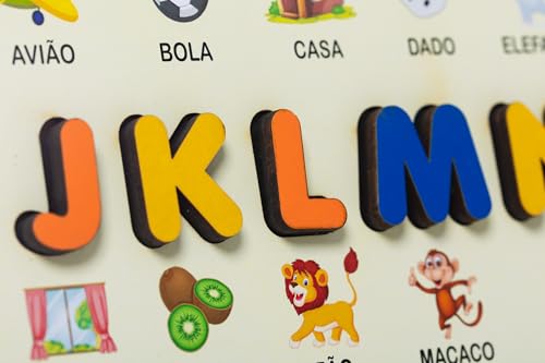 Alfabeto em Madeira Montessoriano Tabuleiro Educativo com Letras Figuras e Palavras