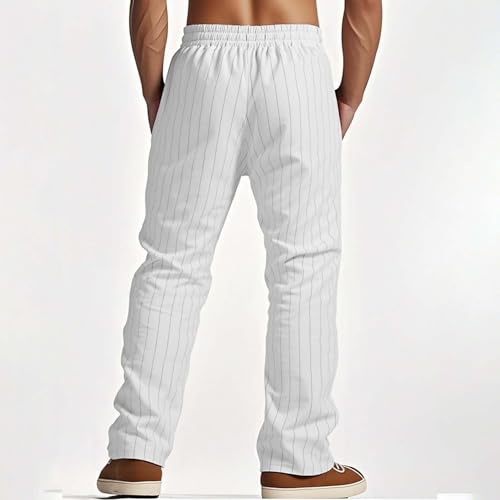 Men's Striped Casual Pants Cotton Linen Waist Drawstring Straight Leg Trousers Loose Fit Yoga Beach Lightweight Pants3