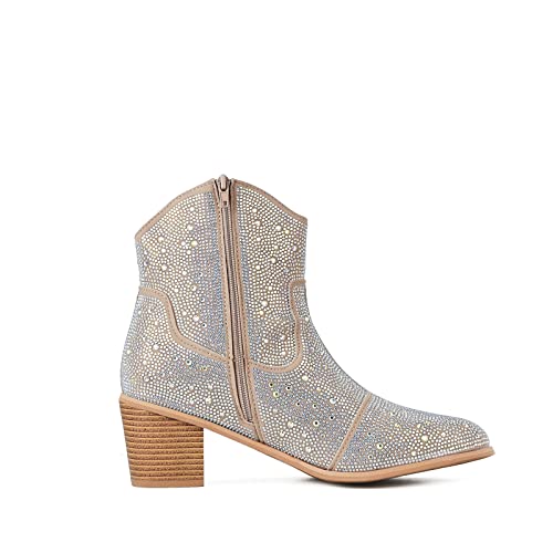 keleimusi Women Western Cowgirl Rhinestone Ankle Boots Pointed Toe Glitter Chunky Heel Sparkly Shoes3