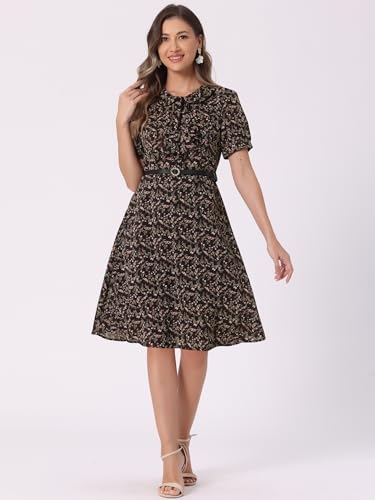 Image of Allegra K Women's Peter Pan Collar Tie Neck Short Sleeves A-Line Elegant Belted Vintage Floral Dress