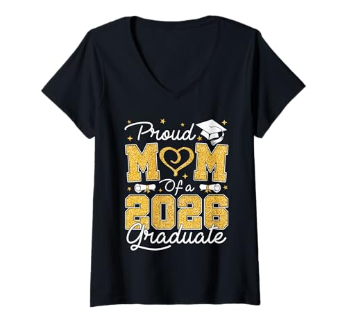 Women's Proud Mom of A 2026 Graduate Gold Senior 2026 Grad V-Neck T-Shirt