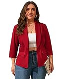 ShopWonder Womens Plus Size Casual Pocketed Blazer Office Open Front 3/4 Sleeve Cardigans Jacket Work Suit Red 2XL