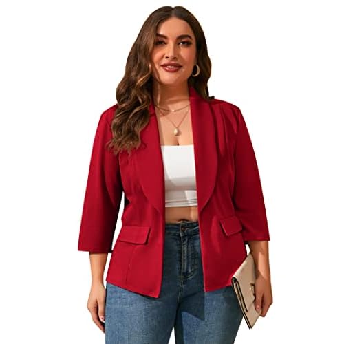 ShopWonder Womens Plus Size Casual Pocketed Blazer Office Open Front 3/4 Sleeve Cardigans Jacket Work Suit, 3X-Large, Red1