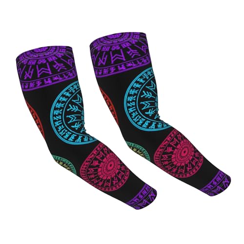 VAFZASC Ice Silk Arm Sleeves Colorful Celtic Viking Design Magical Runic Compass Vegvisir In The Circle Of Norse Runes And Dragons Tattoo Decorative, UV Protection Cooling for Outdoor Sports