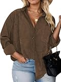 Plus Size Corduroy Shirts for Women Soft Cuffed Sleeve Shackets Loose Fit Boyfriend Jacket 2X Brown