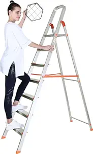 Skywave Luxury Advance Foldable Aluminium Ladder for Home | 5 Year Manufacturer Warranty | Slip Prevention Steps (7 Steps, Orange)