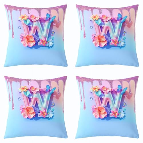 Loussiesd Juego de 4 fundas de almohada decorativas con diseño de flores florales con letra W con purpurina arcoíris para sofá, cama, funda de cojín colorida para decoración del hogar, 50 x 50 cm