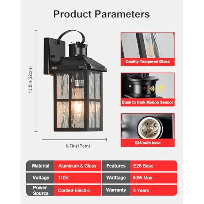 Motion Sensor Outdoor Lights Dusk to Dawn Porch Light Black Exterior Lighting Fixtures Modern Outside Wall Mount Coach Lamp for House Garage Patio Front Door