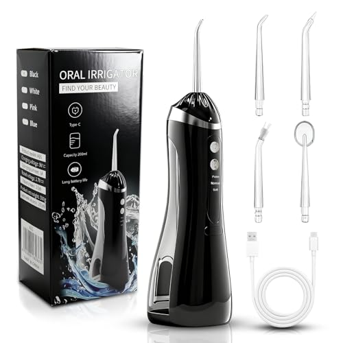 Irrigador bucal portátil, irrigador bucal sem fios profissional 3 boquilhas 4 modos de depósito 200 ml e base removível, carregamento USB, impermeável IPX7, silencioso, para viagens e casa (preto)