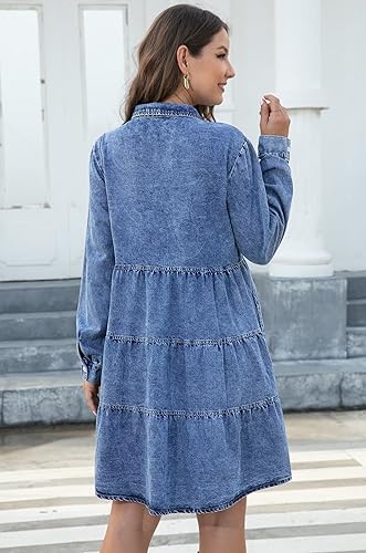 Image of Denim Dress for Women 2026 with Pockets Short Sleeve Jean Dresses for Women