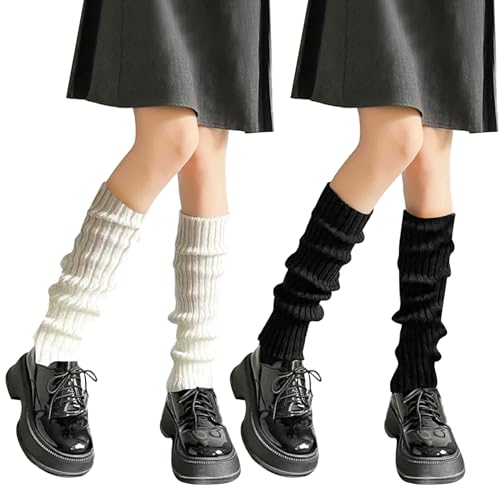 2 Pairs Leg Warmers,Leg Warmers Ladies,Black Knitted Skating Girls Coquette Style Thick Pairs Long Socks Chunky,White Knitted Winter Ankle Knee Japanese Fuzzy Plus Size Style for Ladies Accessories