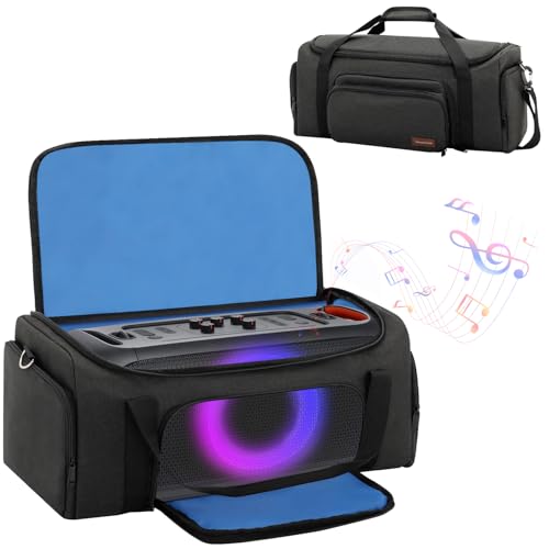 Image of Speaker Bag Compatible with JBL PartyBox On The Go & On-The-Go Essential | Portable Speaker Carry Tote with Pockets for 2 Mics, Cables & Chargers, Top & Front Openings for Playback, Bag Only, Black