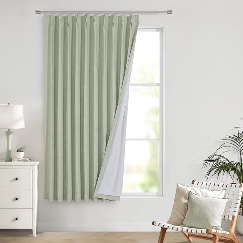 Vision Home Soft Green Pinch Pleated Full Blackout Curtains Linen Blended Room Darkening Window Curtains 63 inch for Living Room Bedroom Thermal Insulated Pinch Pleat Drapes with Hooks 60" Wx63 Lx1