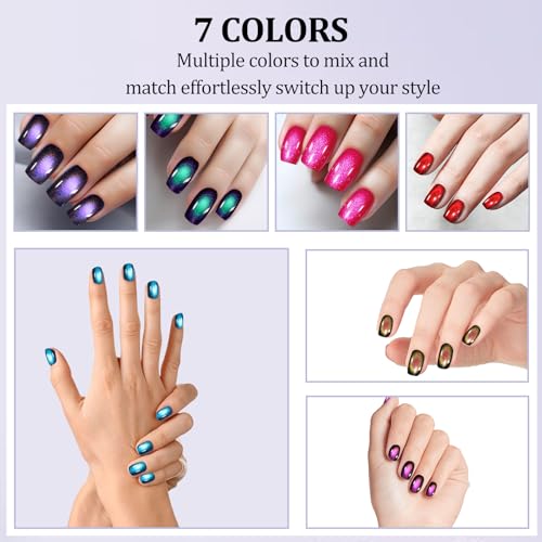 Laza 210pcs Cat Eye Press on Nails for Women 7 Colors Glossy Glitter Black Hole Short Square Reusable Nail Tips in 15 Sizes Long Lasting Salon Fake Nails Stick - Galaxy Chameleon - Image 5