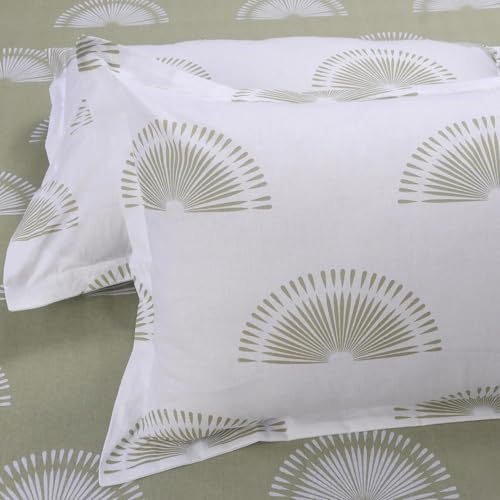 Image of Huesland by Ahmedabad Cotton 144 TC Cotton Bedsheet for Double Bed King Size Elastic with 2 Pillow Covers | Sunrise | Basil Green & White
