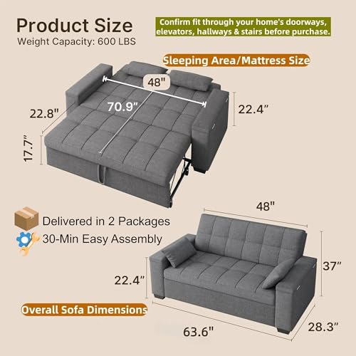 Gizoon 3 in 1 Convertible Sofa Bed Queen, 63.6'' Pull Out Couch with Storage Armrests, Sofa Cama, Adjustable Backrest & Pockets, Linen Loveseat Sleeper for Small Apartment Living Room, Dark Grey