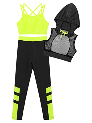 Girls Tracksuit 3 Piece Dance Sports Outfit Cropped Hoodie Tank Top with Jogger Pants Set for Gym Workout