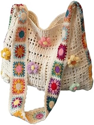 Crocheted Bag, Boho Crochet Beach Bag with Flower