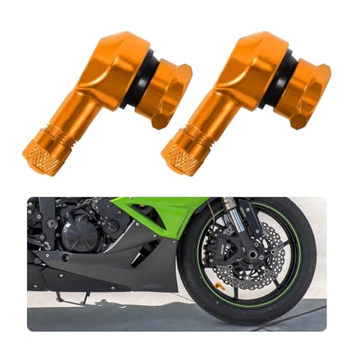 2 PCS Motorcycle Tire Valve Stems, 90 Degree Aluminum 11.3mm/10mm Rim Wheel Tubeless Angle Air Stem with Rubber Seals, Compatible with Most Motorcycles, Bikes, Scooters (Gold)