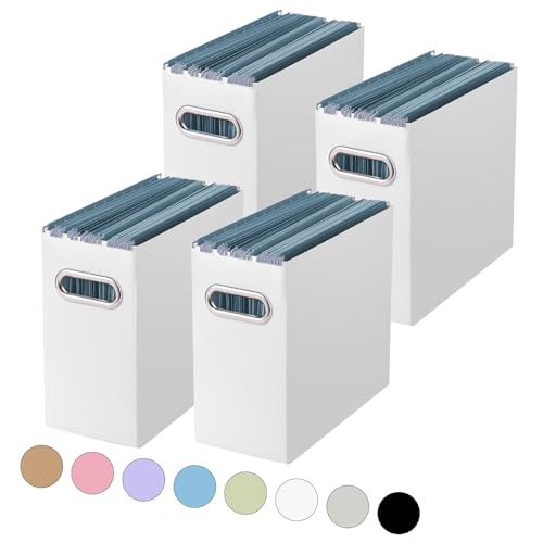 Oterri File Organizer, 4 Packs Small Storage Box, Cardboard File Folder Organizer, Collapsible File Box for Hanging File Folders Letter Size, Portable Filing Organizer with Handle（White）