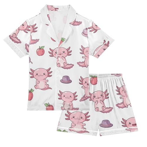 Satin Pajama Sets Short Sleeve Cute Axolotl and Apples Button Down Silky Nightwear 2 Piece PJS 5-14Y