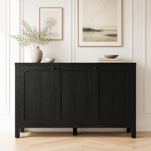 Image of GOUUN 47" Black Sideboard Buffet Cabinet with Storage Modern Credenza with Doors Heavy Duty Wood TV Media Console Table Accent Cabinet for Living Room Hallway Entryway