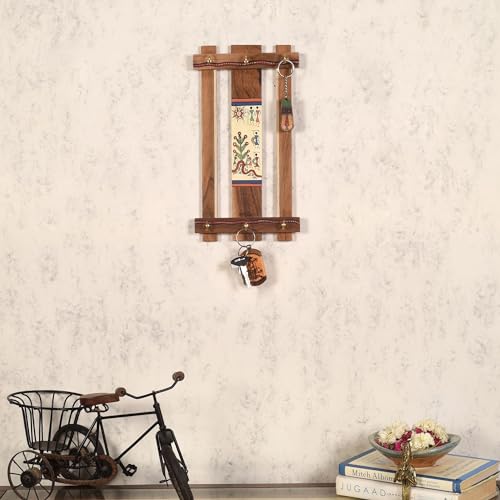Image of AAKRITI ART CREATIONS Key Holder, Tribal Harmony Key Hanger | Rustic Teak Wood Wall Organizer with 6 Hooks | New Home Gifts | Multifunctional Entryway Decor Item