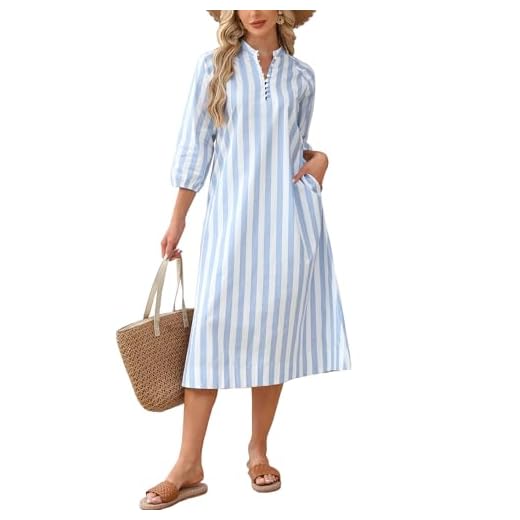 YEXPINE Women Summer Striped Button Down Long Maxi Dress Loose Fit 3/4 Sleeve Cotton Caftan Shirt Dress with Pocket(Blue-XS)