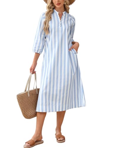 Image of YEXPINE Women Summer Striped Button Down Long Maxi Dress Loose Fit 3 /4 Sleeve Cotton Caftan Shirt Dress with Pocket
